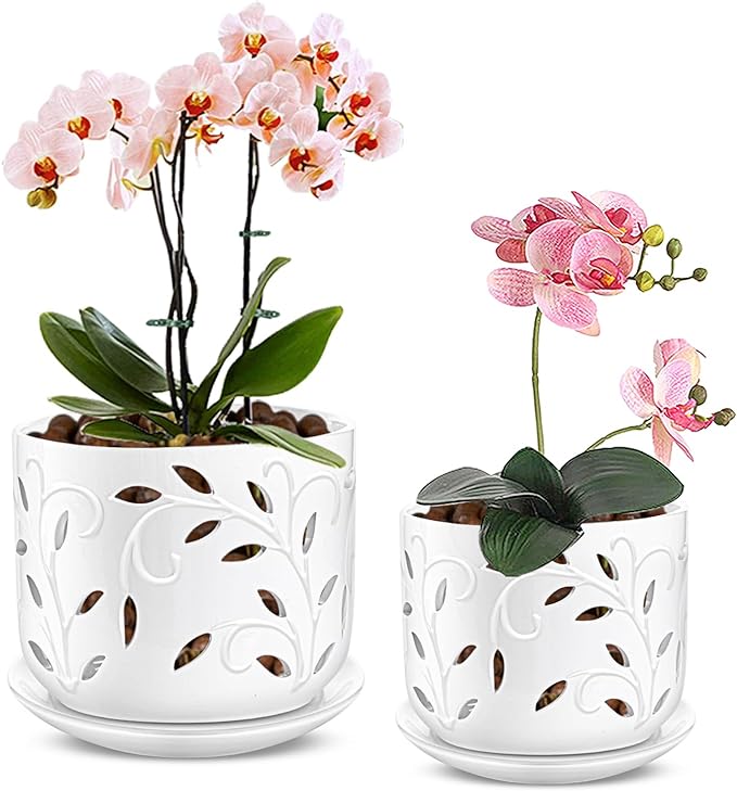 EFISPSS Orchid Pot with Holes, 5+6Inch Ceramic Plant Pots with Drainage Holes and Tray, Promoting Air Circulation and Drainage, Indoor/Outdoor White Flower Pots