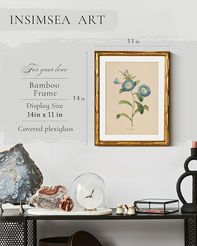 InSimSea Gold Bamboo Framed Canvas Wall Art, Retro Blue Field Bindweed - Image 3