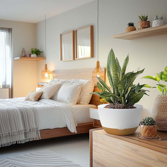 10 Inch Pots for Indoor Plants, Large Self Watering Planters with Drainage and Saucers, Plastic Outdoor Flower Pot, Set of 2, White