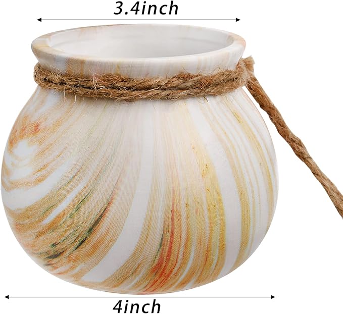 SOUJOY 6 Pack Hanging Succulent Planters, 4'' Mini Ceramic Wall or Ceiling Mount Dangling Plant Pot, Hanging Flower Pot with Jute Rope for Indoor Outdoor Decor, Light Beige