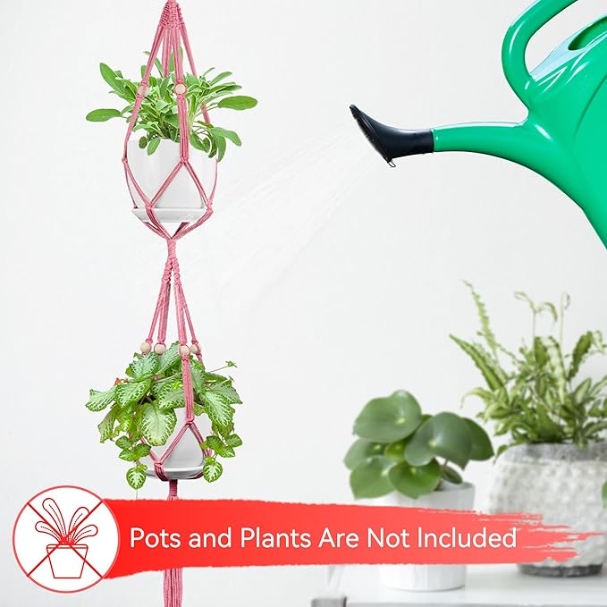 USLAI Macrame Plant Hanger Indoor Outdoor, Up to 4-15 inch Pot, Heavy 20lb Planters, Extra Long Strong Hanging Planter Basket Holder, Boho Home Decor, 49+72 Inch, Pink (POTS NOT Included)
