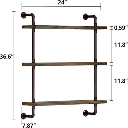 Helsin 3 Tier Industrial Pipe Shelf Rustic Wood Floating Shelves, Wall Display - Image 3