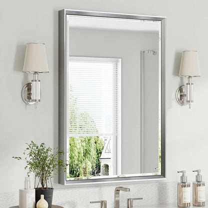 Silver Bathroom Mirror, 24x36 Inch Beveled Vanity Mirror by QUEENFUN