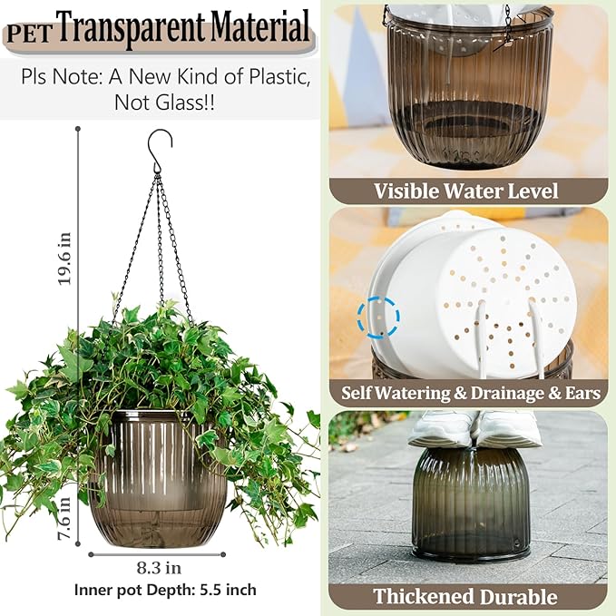 Melphoe 1 Pack Self Watering Hanging Planters Indoor Flower Pots, 8.3 Inch Outdoor Hanging Plant Pot Basket, Plant Hanger with 3Hooks Drainage Holes for Garden Home