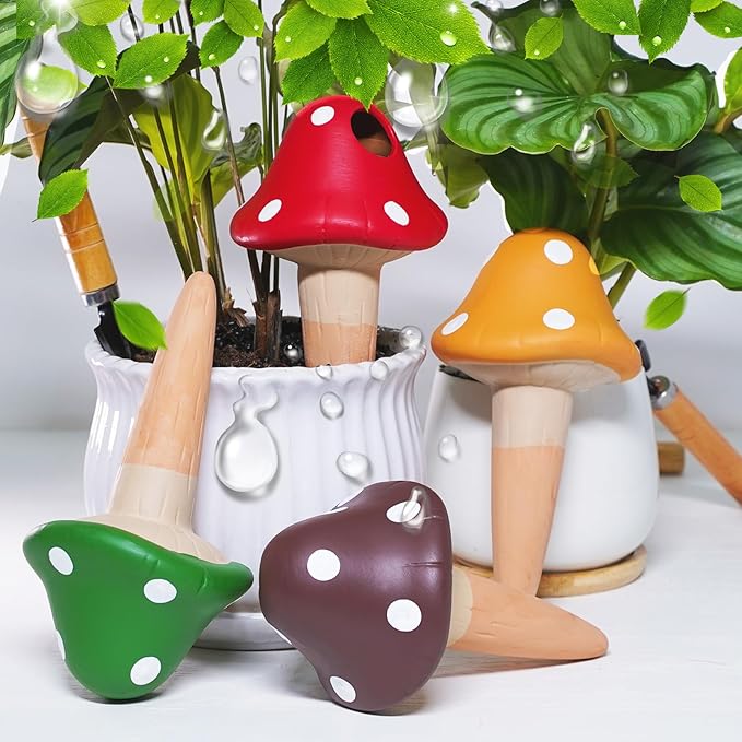 Terracotta Self Watering Spikes, 4 Pack Mushroom Self Watering Planter Insert, Vacation Plant Slow Release Watering Devices for Indoor Outdoor Plants, Colorful Large Water Globes
