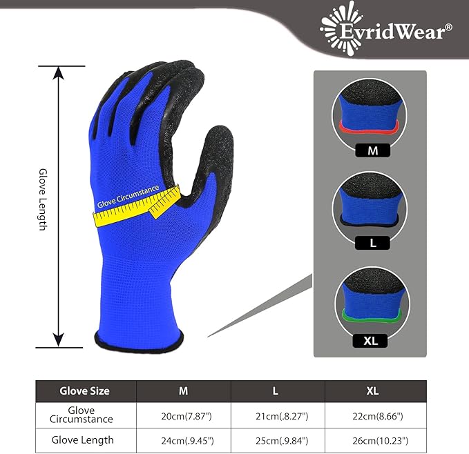 Evridwear Crinkle Latex Rubber Hand Coated Safety Work Gloves for Men Women General Multi Use Construction Warehouse Gardening Assembly Landscaping (Large,Blue- 12Pair)