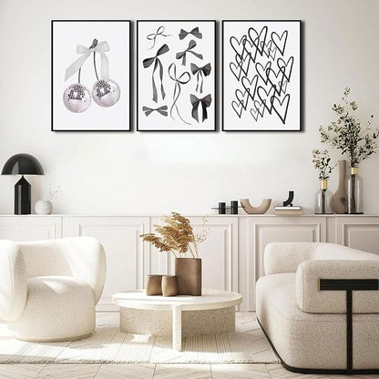 BOKPEN 3pcs Black and White Trendy Preppy Wall Art Bows Disco Ball Many Heart - Image 2