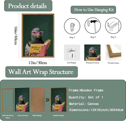 Framed Funny Pigeon Wall Art, Humorous Bird Reading Wall Decor Paintings - Image 5
