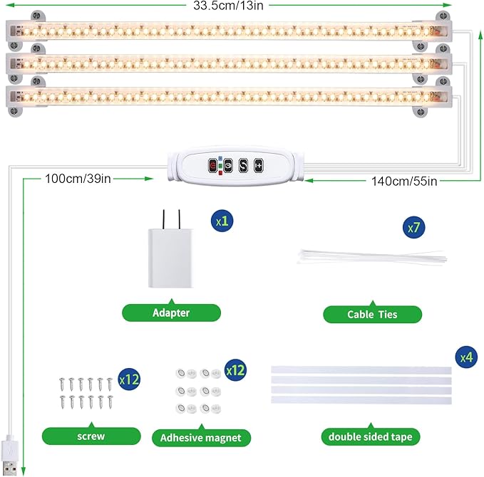 LED Grow Light Strips, Full Spectrum Plant Growing Lights for Indoor Plants 3000K, 144 LEDs Plant Lamp with 3/9/12H Timer, 10 Dimmable Levels, 3 Head 13 Inches