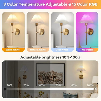 Gold Wireless Wall Sconce Sets of 2, Pleated Shades Rechargeable Battery - Image 3
