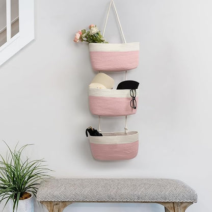 TeoKJ Over the Door Hanging Basket, 3-Tier Woven Cotton Wall-Mounted Storage - Image 6