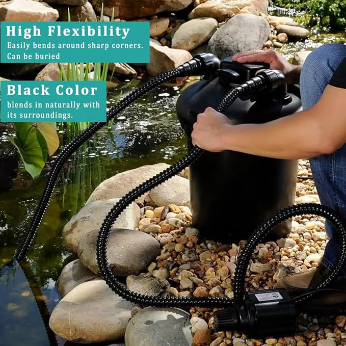 Pond Tubing ID 1/2” × 10ft Black Corrugated Flexible Reinforced Waterfall Pond Tube Sump Pump Hose, Non-toxic & Kinkproof (10 ft, 1/2" ID)