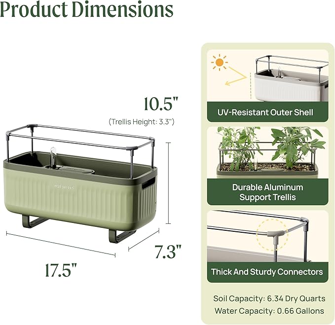 Vego garden Herb Indoor Plant Box, Self Watering Planters Pots for Indoor Plants with Trellis for Kitchen Window Sill or Countertop Plants Cage - Sage Green