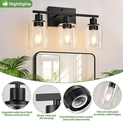 Indoi 3 Light Bathroom Light Fixtures, Matte Black Modern Vanity Lights - Image 4