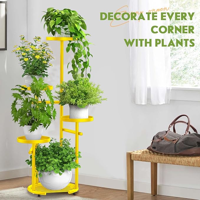 TOSKING 5 Tier Metal Plant Stand Indoor， Plant Shelf, Corner Shelf Flower Pot Stand for Outdoor Plant Stand for Living Room Balcony Garden Patio Bedroom (5Tier-37''-yellow)