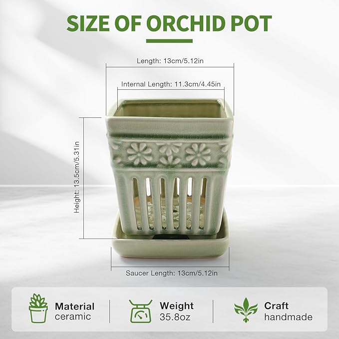 Orchid Pots with Holes | 5" Ceramic Orchid Planter with Separate Saucer and Drainage Holes | Glazed Pottery Small Flower Pot for Repotting Orchids(Green)