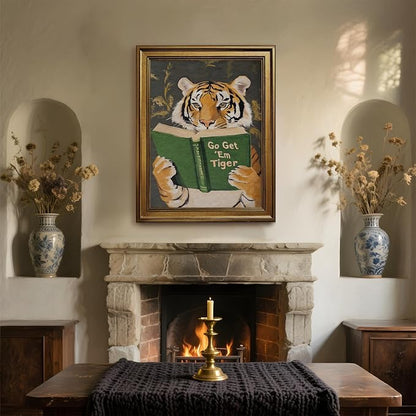 Vintage Gold Framed Wall Art Go Get Em Tiger Poster Funny Animal Reading Book - Image 7