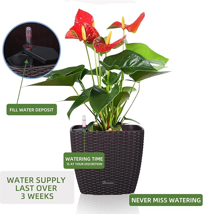 Dexceder 11x10 Self Watering Planter Indoor Outdoor, Inner Mat Design, Thickened Table Flower Plant Pot with Water Level Indicator (Brown Rattan)
