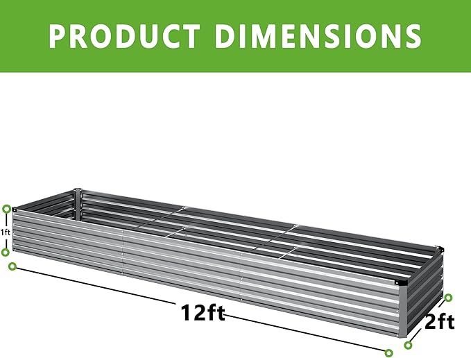 12x2x1FT Galvanized Raised Garden Bed Kit,Vegetable Boxes-Rectangle Metal Flower Box,Large Planter Raised Beds Outdoor Garden for Planting,Fruit,Herb-Sliver