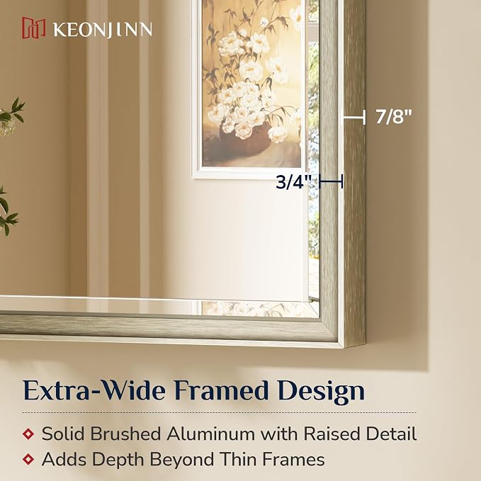 Keonjinn 42" x 36" Brushed Nickel Bathroom Vanity Mirror, Large Silver Bathroom - Image 3