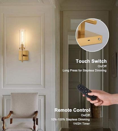 Gold Battery Operated Wall Sconce Set of 2, Wireless Wall Sconces - Image 3