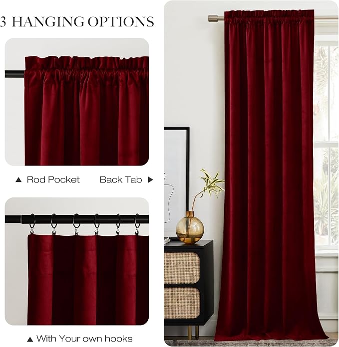 NICETOWN 90 inch Long Red Velvet Textured Thermal Curtains Draperies - Image 7