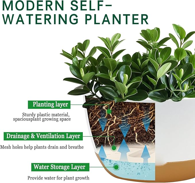 10 Inch Pots for Indoor Plants, Large Self Watering Planters with Drainage and Saucers, Plastic Outdoor Flower Pot, Set of 2, White