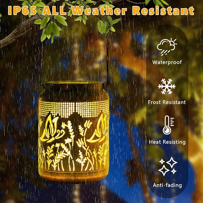 2 Pack Butterfly Solar Lanterns Outdoor Waterproof,Birthday Gifts for Women Mom,Hanging Solar Lights Outdoor LED 6.9" Metal Butterfly Decorative Lanterns for Patio,Pathway,Yard,Garden Decor