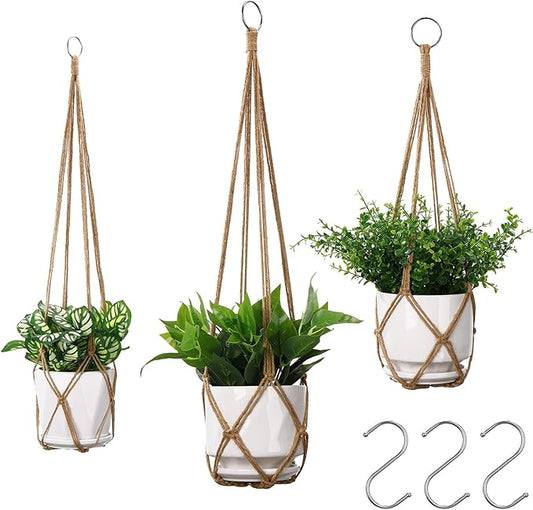 YIBOT 3 Pack Macrame Plant Hanger Indoor Hanging Planter Basket with 3 Hooks, 35"/29"/23" Hang Flower Pot Plant Holder for Indoor Outdoor Decorations, Brown (POTS NOT Included)