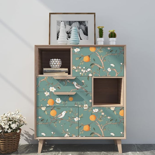 Green Floral Wallpaper Peel and Stick, Birds Contact Paper Orange Fruits - Image 2
