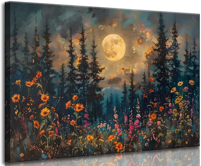 Full Moon Forest Canvas Wall Art Moonlit Pine Tree Mountains and Wildflowers by KecKoth