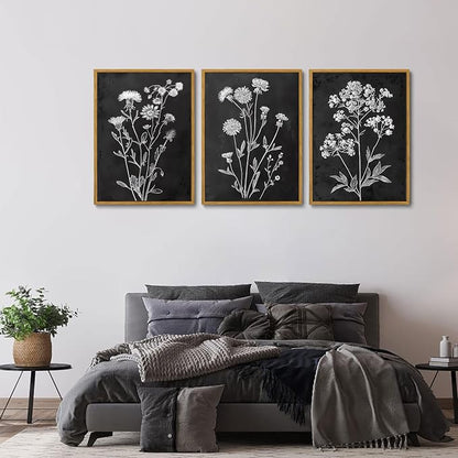 KISSFOX Framed Floral Botanical Canvas Wall Art Vintage Black Background Plant - Image 3