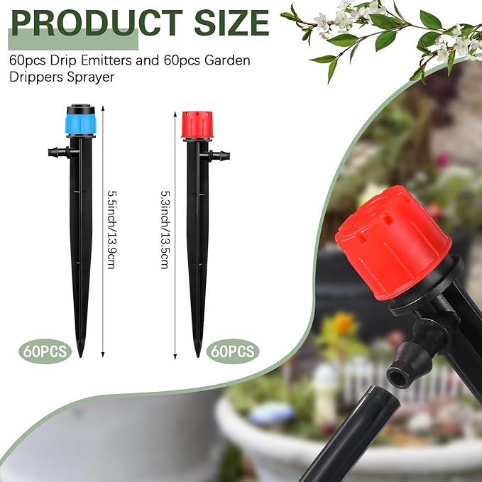 120 Pcs Drip Irrigation Emitters for 1/4'' Drip Irrigation Tubing 60 Irrigation Emitters Sprayer 60 Adjustable 360 Degree Water Flow Drippers for Patio Lawn Garden Watering