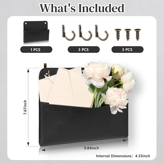 Wall Mount PU Leather Mail Holder Black Faux Leather Letter Holder 2 Ring 9.8" - Image 2