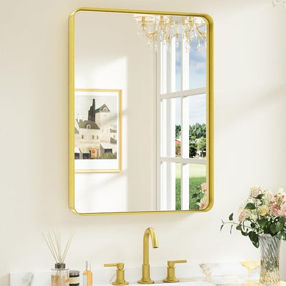 Keonjinn Gold Bathroom Mirrors for Over Sink, 22” x 30” Rounded Rectangle by Keonjinn