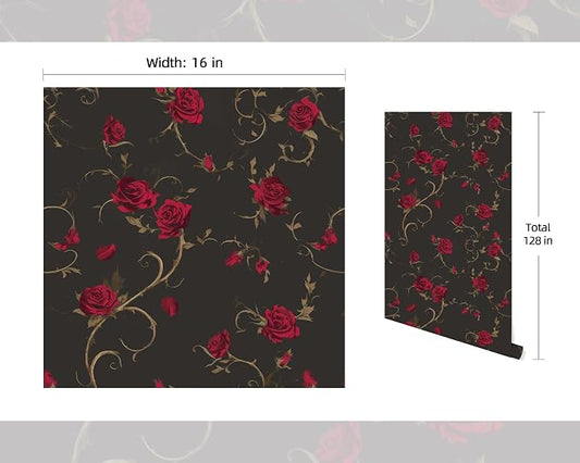 FLFK Peel and Stick Gothic Wallpaper Red Rose Floral Wallpaper 16in x 128in - Image 2