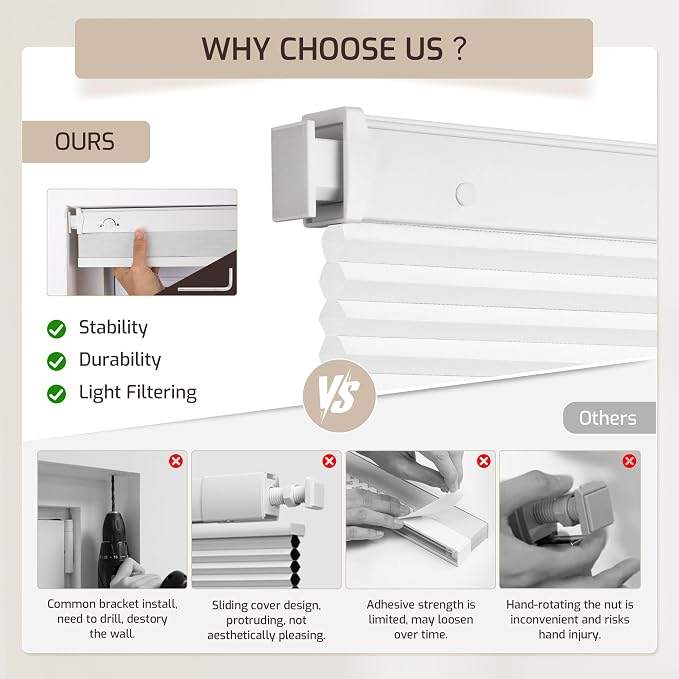 Grandekor No Tools No Drill Cordless Cellular Shades, 28.5" W × 64" H, Light - Image 5