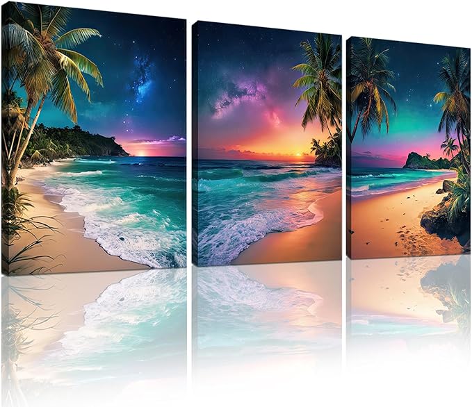 Sunset Ocean Canvas Wall Art Tropical Beach Prints Painting Palm Coconut Tree by weiyiart