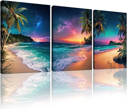 Sunset Ocean Canvas Wall Art Tropical Beach Prints Painting Palm Coconut Tree by weiyiart
