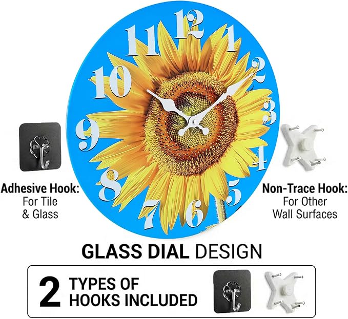 Indoor/Outdoor Clocks Waterproof, Glass Sun Flower Decor Wall Clock - Image 8