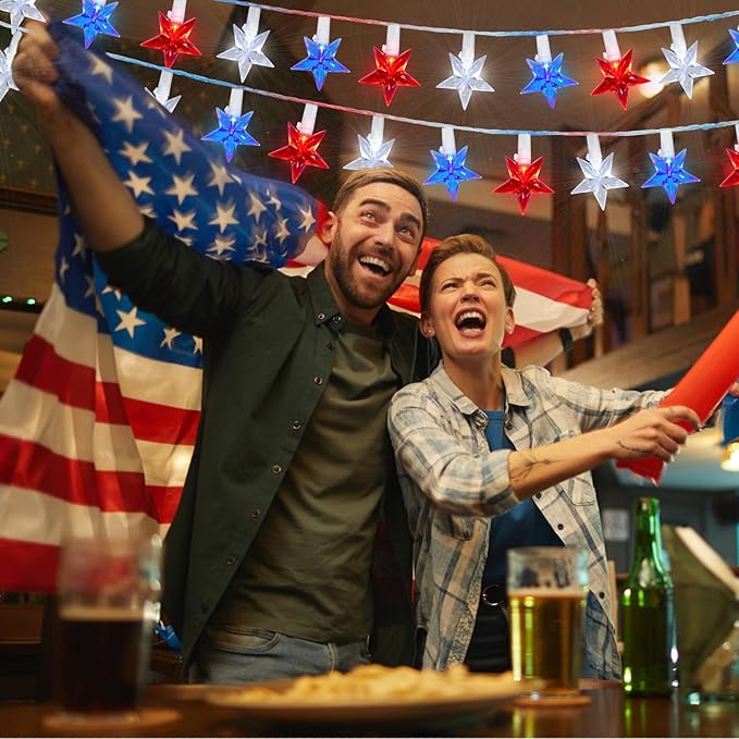 100 LED Red White and Blue Star Lights, 37FT 4th of July Star String Lights Plug in for Home Patio Garden Yard Memorial Day Independence Day Patriotic Decorations Outdoor, White Wire