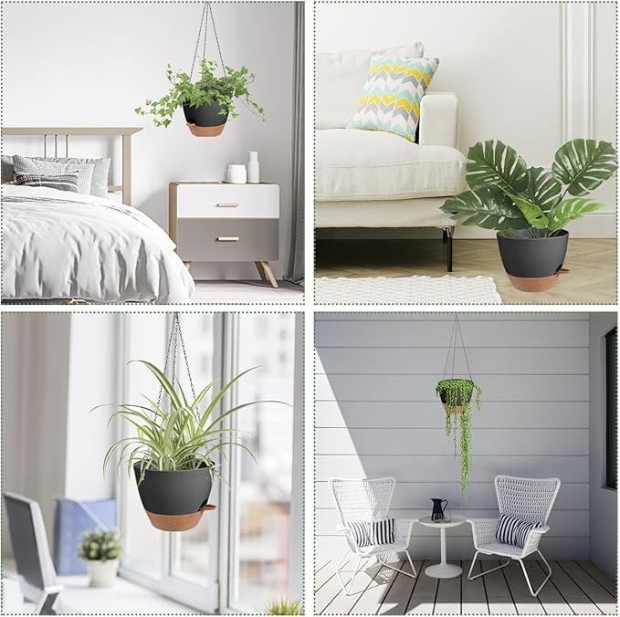 Hanging Planters for Indoor Outdoor Plants, 1 Set Self Watering Hanging Pot with Drainage Holes & Removable Tray (Black-12inch, 12'')