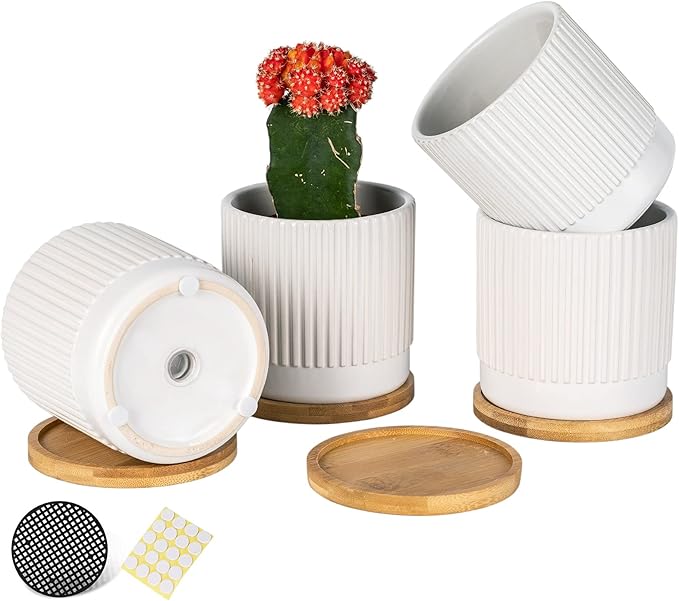 AOMRYOM 4.25 Inch Small Ceramic Plant Pots with Drainage Holes and Trays, Garden Flower Pots for Indoor Outdoor Plants, Succulents, Cactus and Herbs, White Stripe, Set of 4 (Plant Not Included)