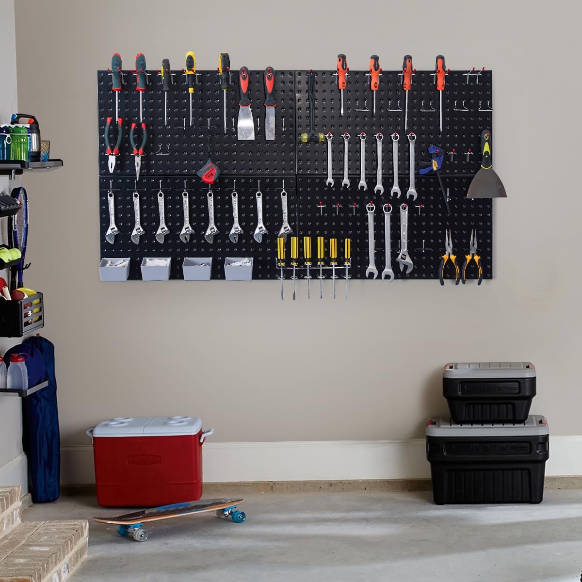 48x24 inch Black Metal Pegboard Kit for Wall Organization with Hooks, Garage Storage Bins, and Utility Tool Board, Efficient Tool Organizer Peg Board