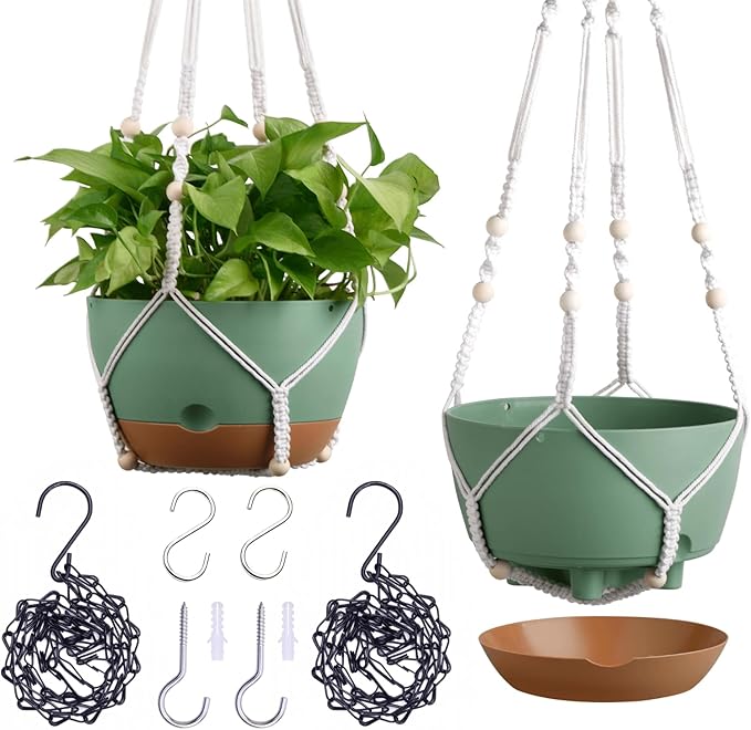 Set of 2-8 Inch Hanging Planters for Indoor Plants with Self-Watering Includes Hanging Pots for Plants, Outdoor Hanging Plant Pot with Drainage, and 2 Types of Hanging Baskets Hangers (Green)