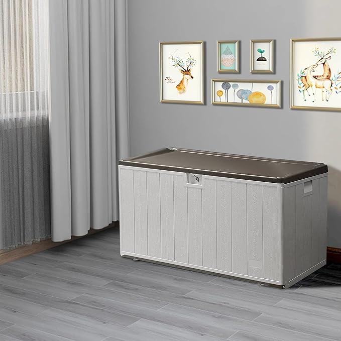 110 Gallon Pro Outdoor Storage Box, Waterproof Resin Deck Box for Patio, Pool, and Garden, Lockable Bin for Cushions, Tools, and Accessories, UV-Resistant, Grayish Brown