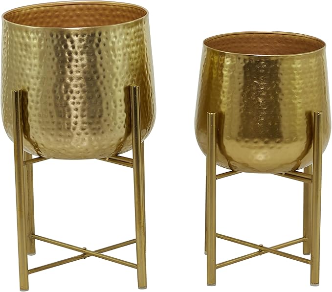 CosmoLiving by Cosmopolitan Metal Indoor Outdoor Planter Deep Recessed Hammered Dome Large Planter Pot with Removable Stand, Set of 2 Planters 17", 19"H, Gold