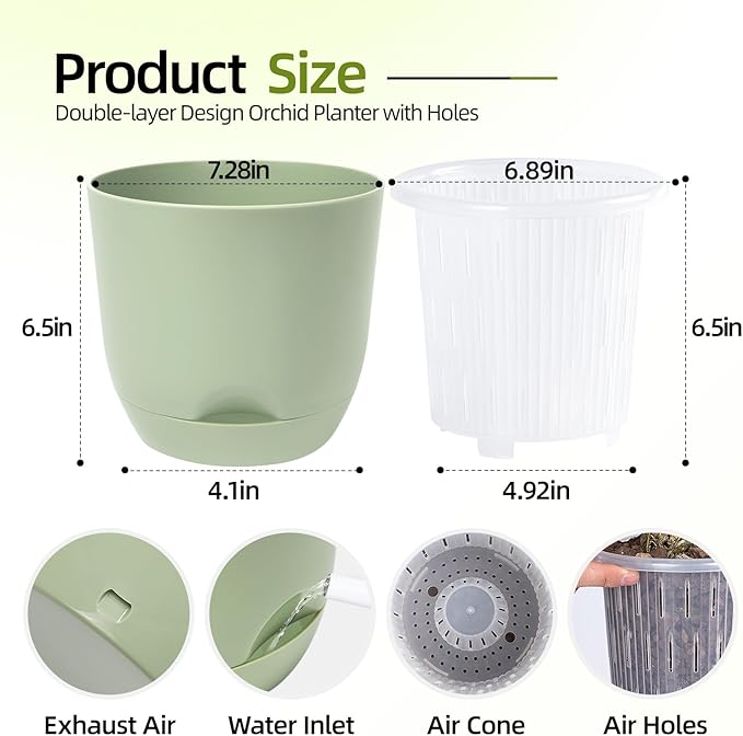 QCQHDU 2 Pack Orchid Pots with Holes for Repotting, Double-Layer and Self Watering Orchid Pot with Good Air Circulation
