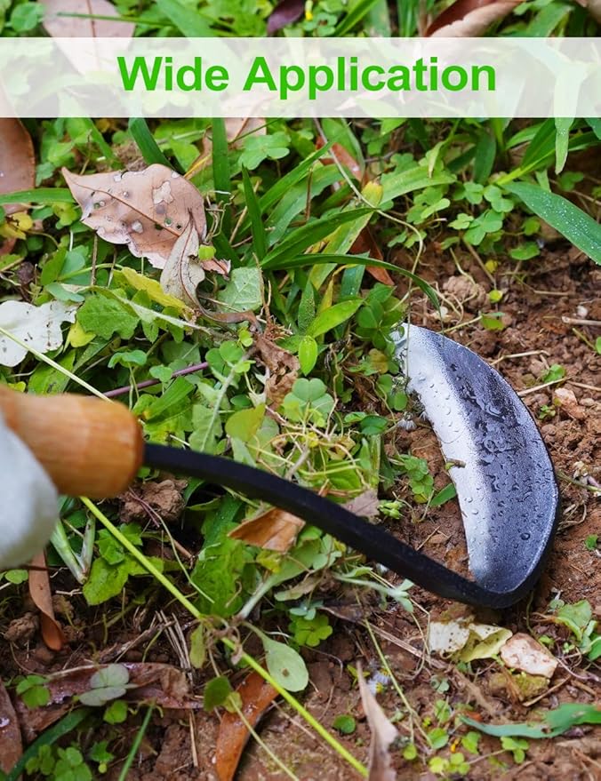 TOYPOPOR Japanese Weeding Sickle Hoe, 11" Gardening Hand Weeder Nejiri Kama Blade Tool Digging Cutting Weed Remover, High-Carbon Steel One-Piece Molding with Wood Handle, Very Sharp Edge Quick Work