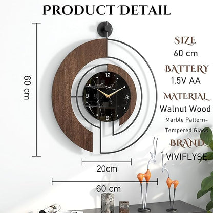 Modern Walnut Marble Dial Wall Clock, Large Wood Metal Frame Silent Non Ticking - Image 2